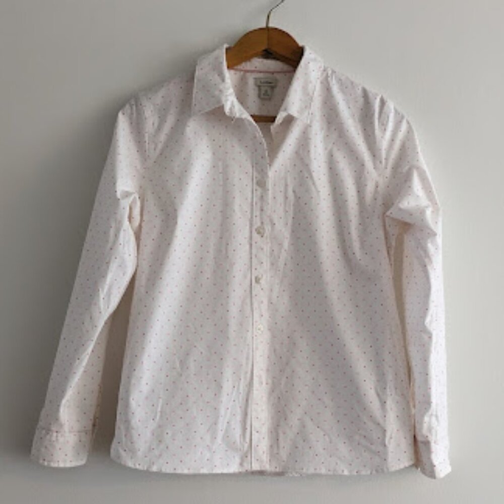 LLBean White and Pink Polka Dot Button Down Size MP